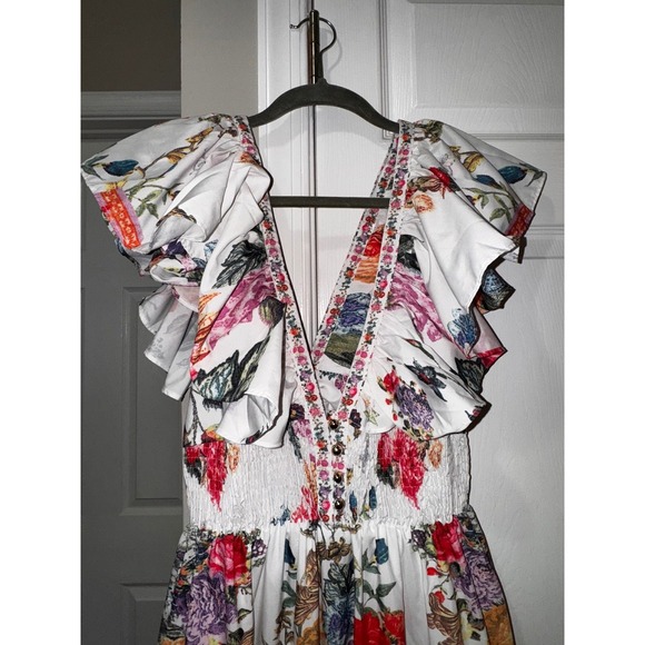 Bella Burnett  Floral Print Maxi Dress Ruffle Sleeve Smocked Waist Tie - Picture 9 of 12
